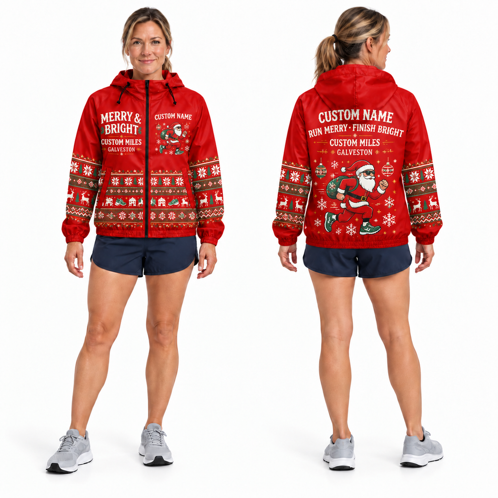 Custom Name Merry & Bright Santa Hustle Galveston Running Windbreaker Jacket