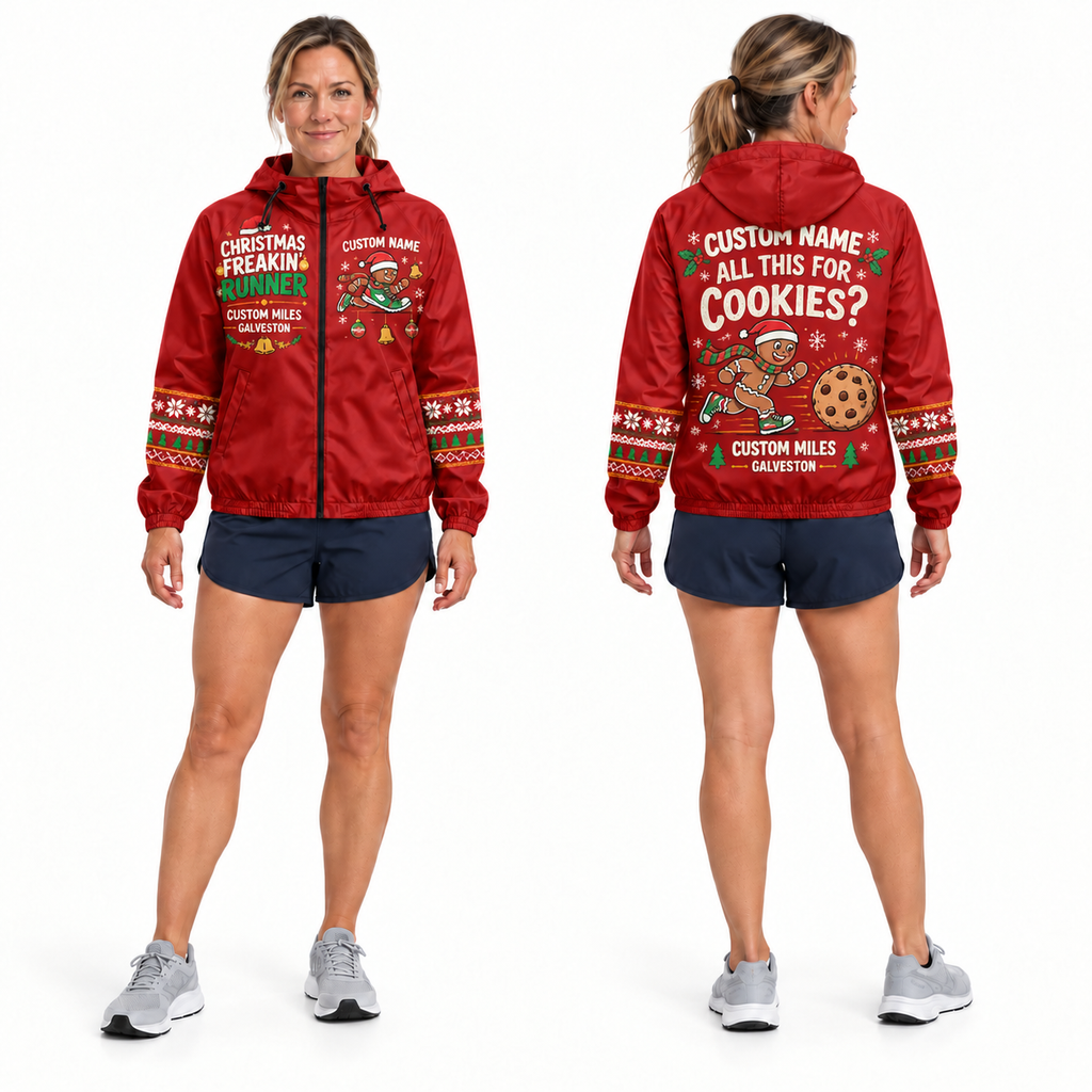 Custom Name Christmas Freakin’ Runner Santa Hustle Galveston Running Windbreaker Jacket