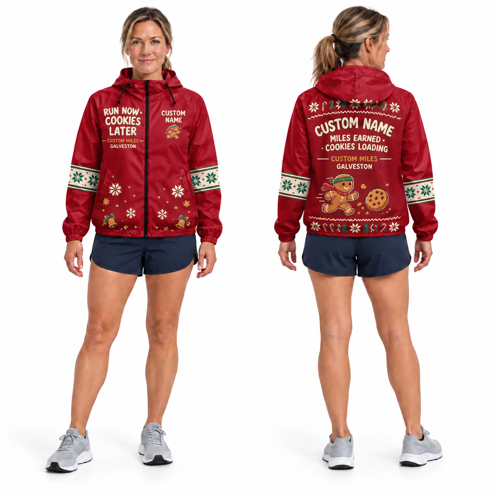Custom Name Run Now Cookies Later Santa Hustle Galveston Running Windbreaker Jacket