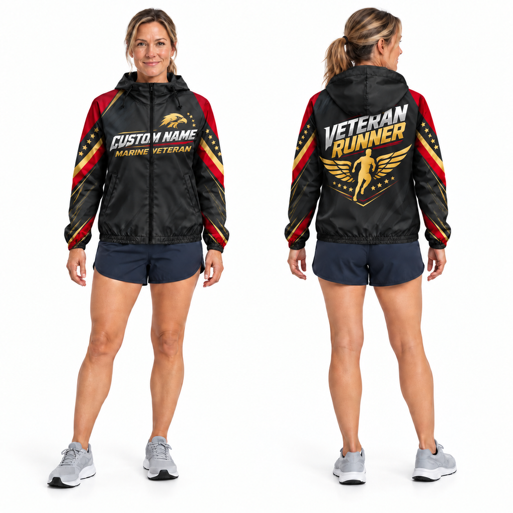 Custom Name Marine Red Gold Runner Running Windbreaker Jacket