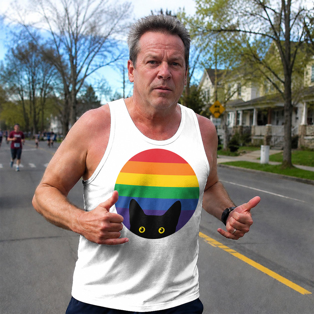 LGBT Pride Running Tank Top Peeking Cat in Rainbow Running Singlet for Men and Women