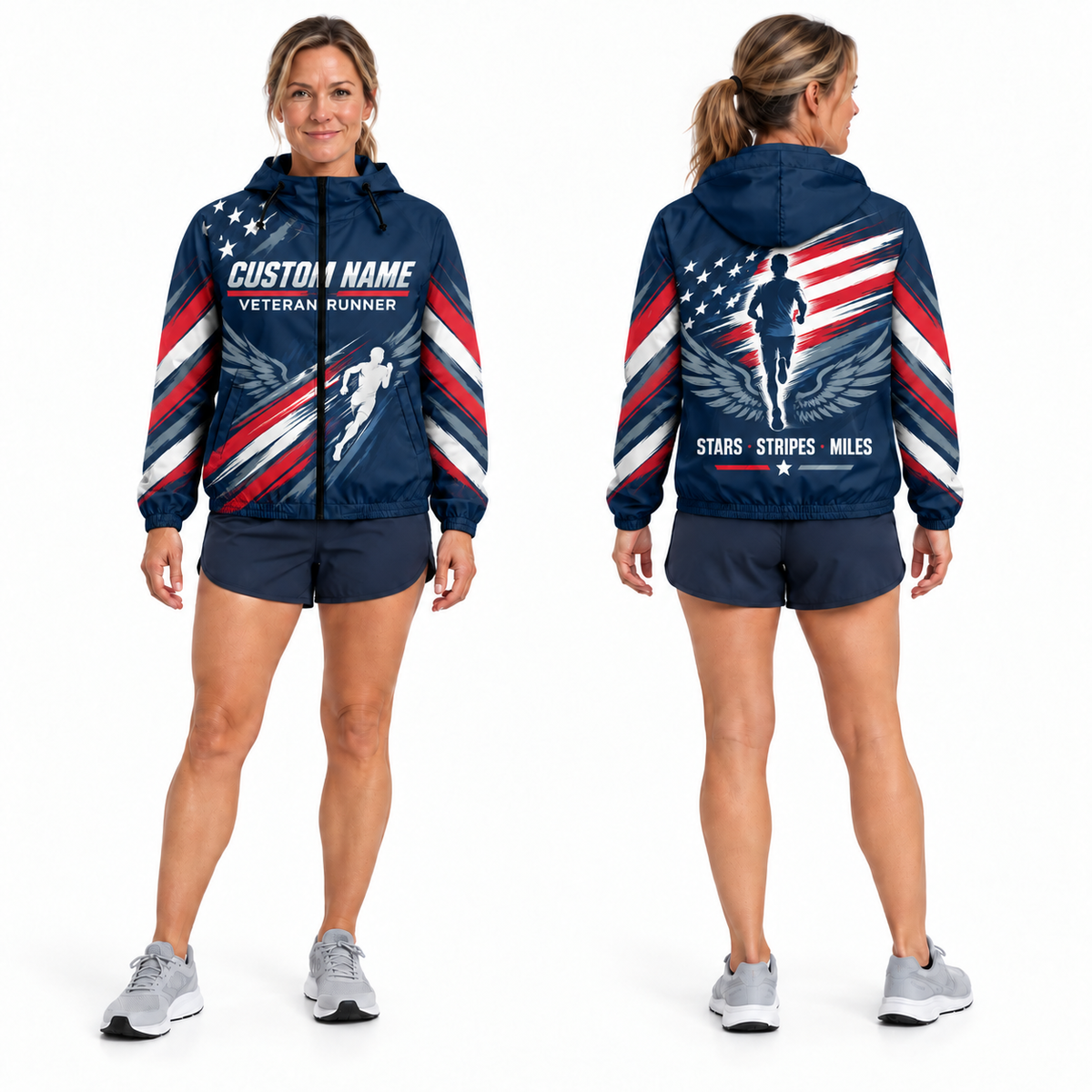 Custom Name Stars Stripes Veteran Runner Running Windbreaker Jacket