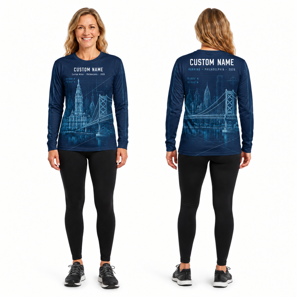 Custom Name Philadelphia Blueprint Bridge Running Long Sleeve Shirt