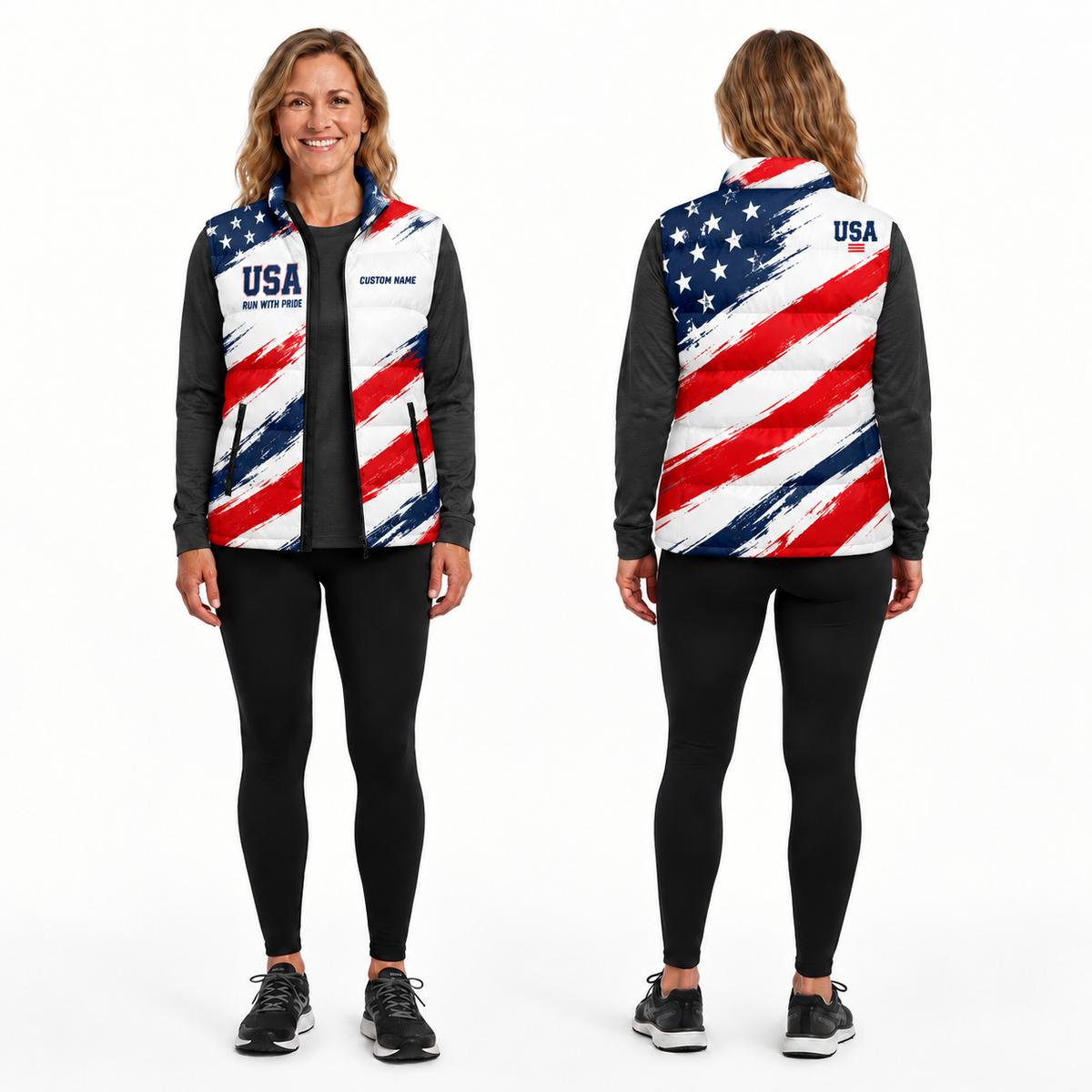 USA Freedom Brush Flag Sleeveless Running Puffer Jacket