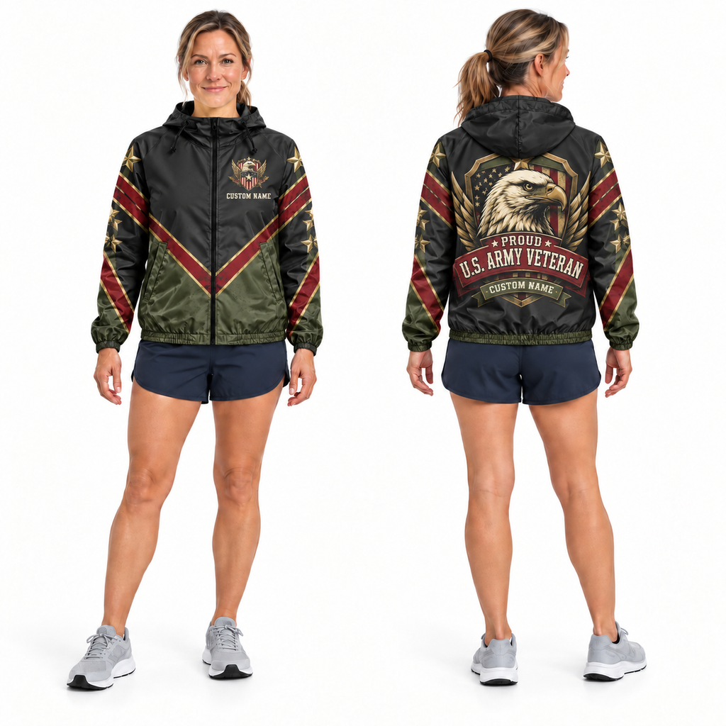 Custom Name Army Eagle Shield Veteran Running Windbreaker Jacket