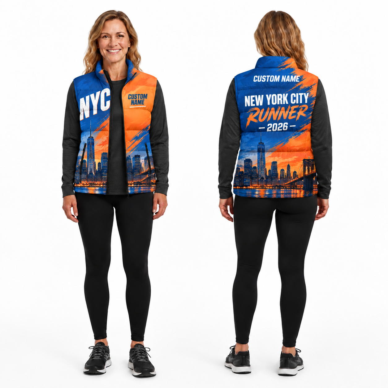 Custom Name Blue Orange Split Skyline Sleeveless Running Puffer Jacket