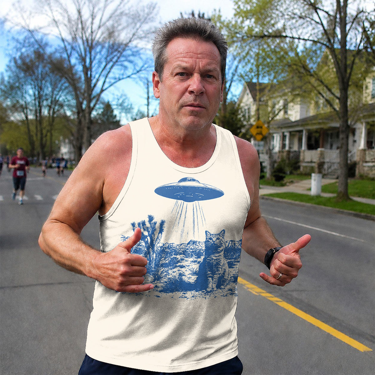 Cat Running Tank Top Alien UFO Cat Running Singlet for Men and Women