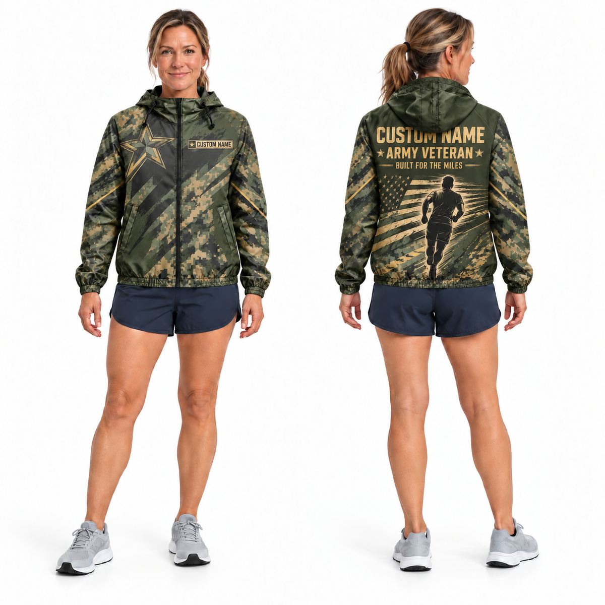Custom Name Army Camo Miles Veteran Running Windbreaker Jacket