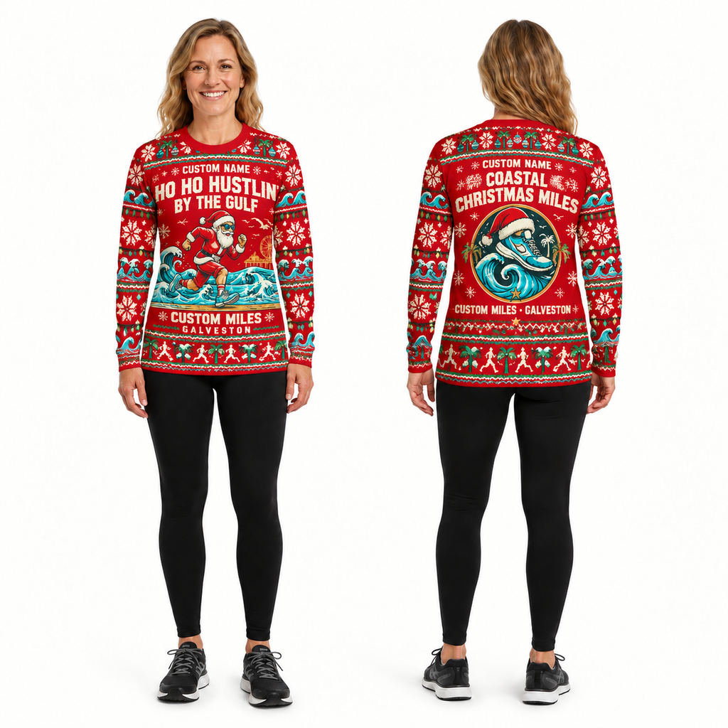 Custom Name Miles Ho Ho Hustlin’ by the Gulf Santa Hustle Galveston Running Long Sleeve Shirt