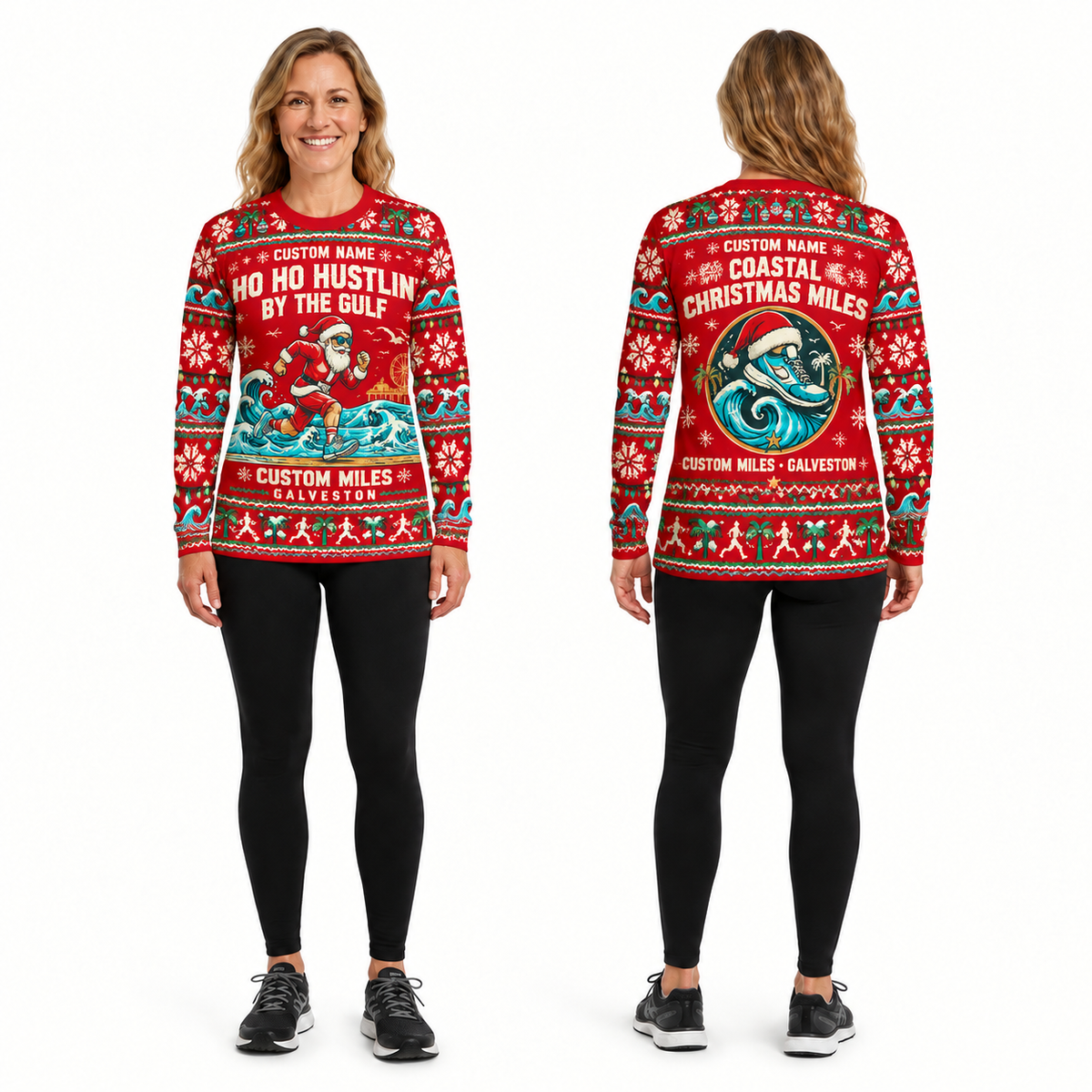 Custom Name Miles Ho Ho Hustlin’ by the Gulf Santa Hustle Galveston Running Long Sleeve Shirt