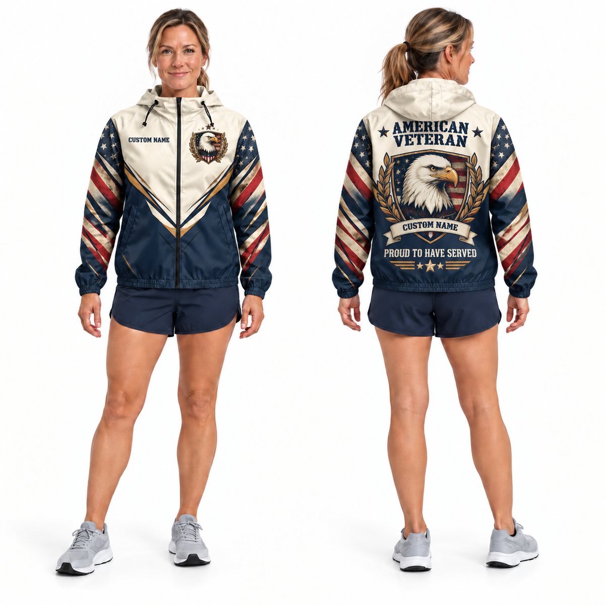 Custom Name American Veteran Eagle Crest Running Windbreaker Jacket