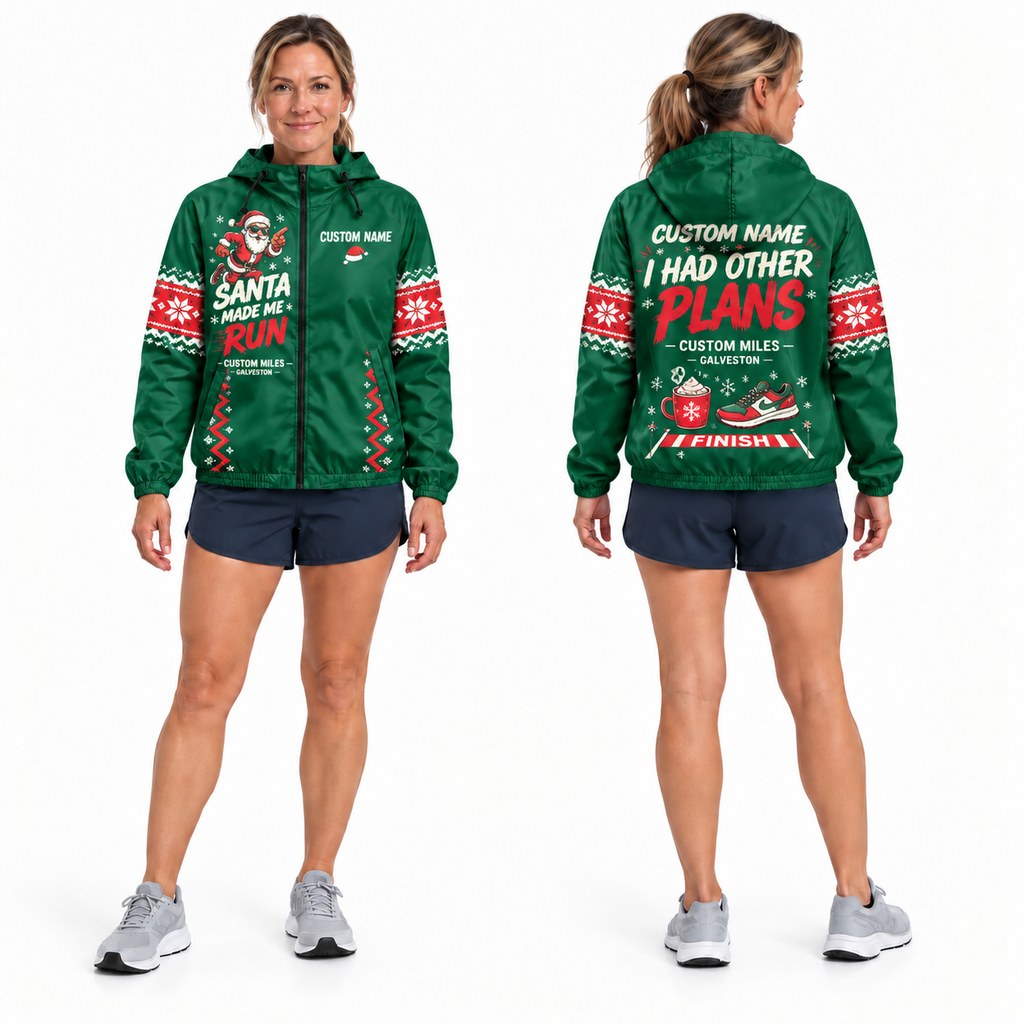 Custom Name Santa Made Me Run Santa Hustle Galveston Running Windbreaker Jacket