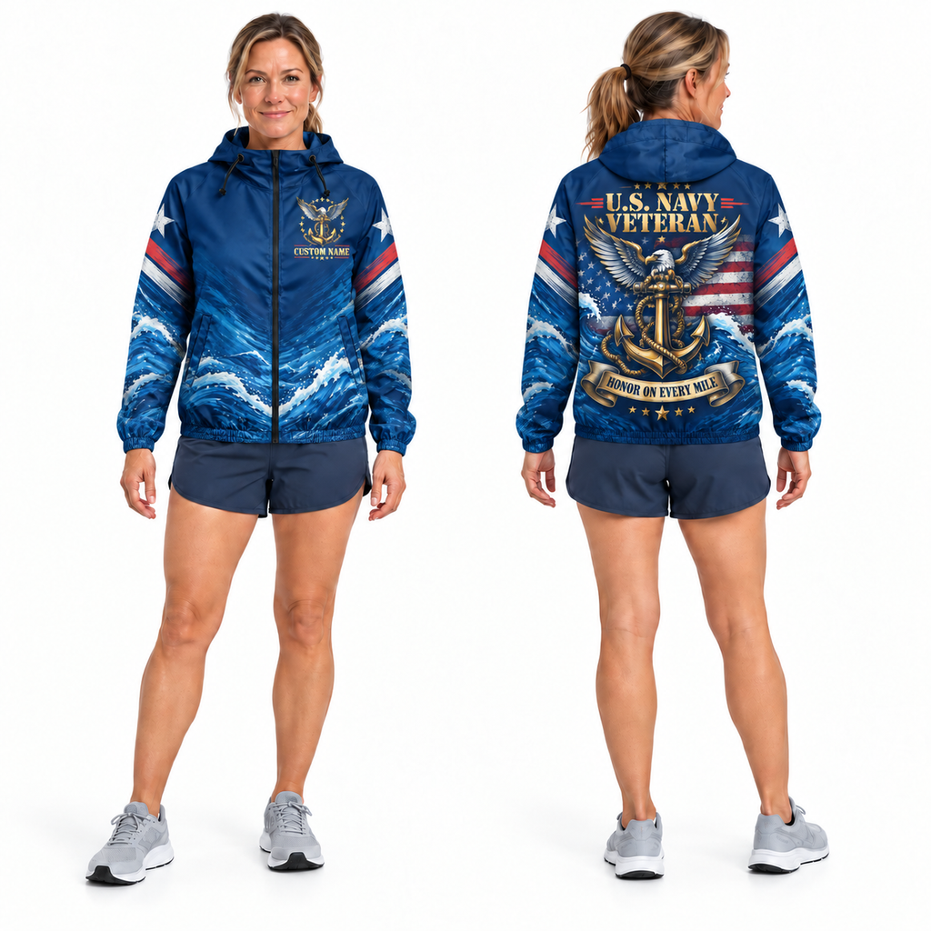 Custom Name Navy Anchor Veteran Running Windbreaker Jacket