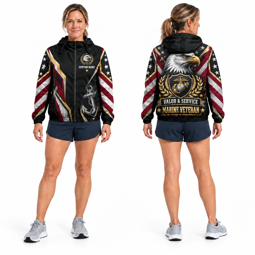 Custom Name Marine Veteran Eagle Valor Running Windbreaker Jacket