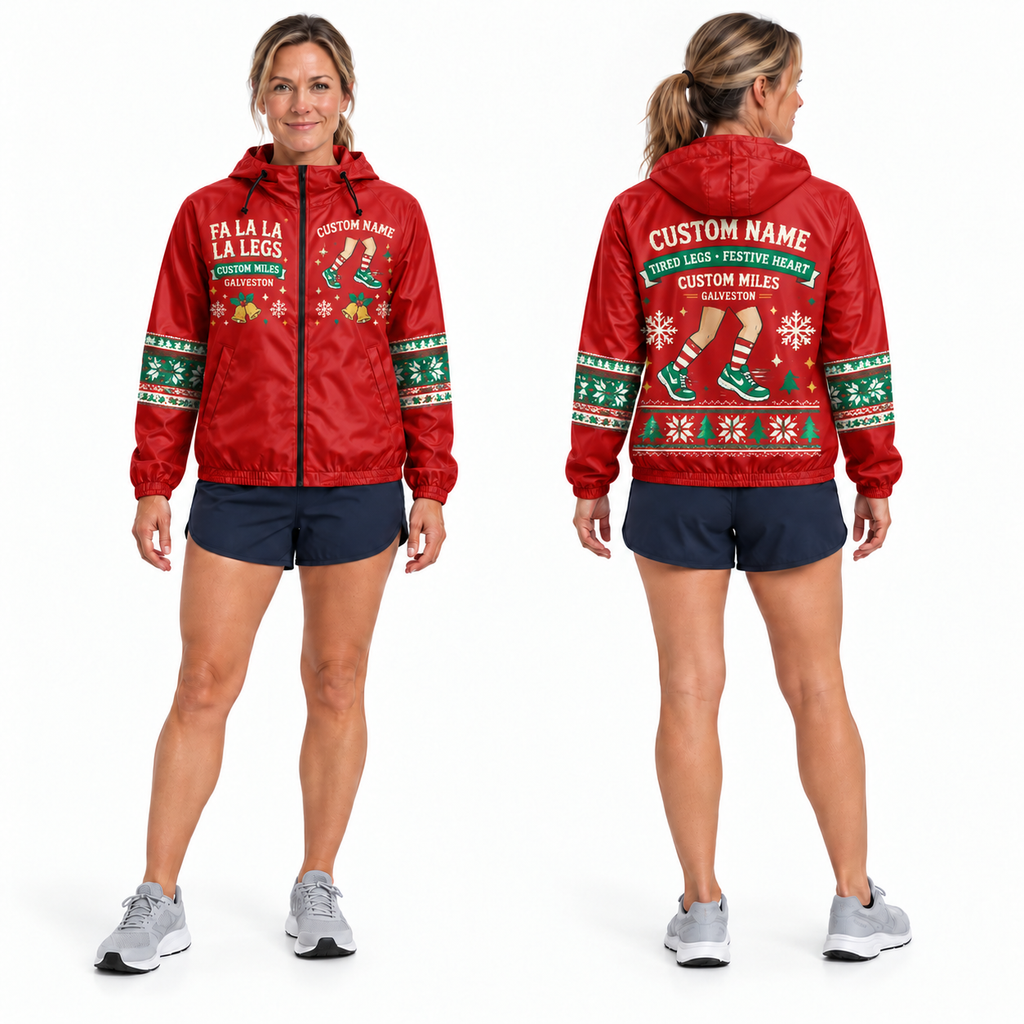 Custom Name Fa La La La Legs Santa Hustle Galveston Running Windbreaker Jacket