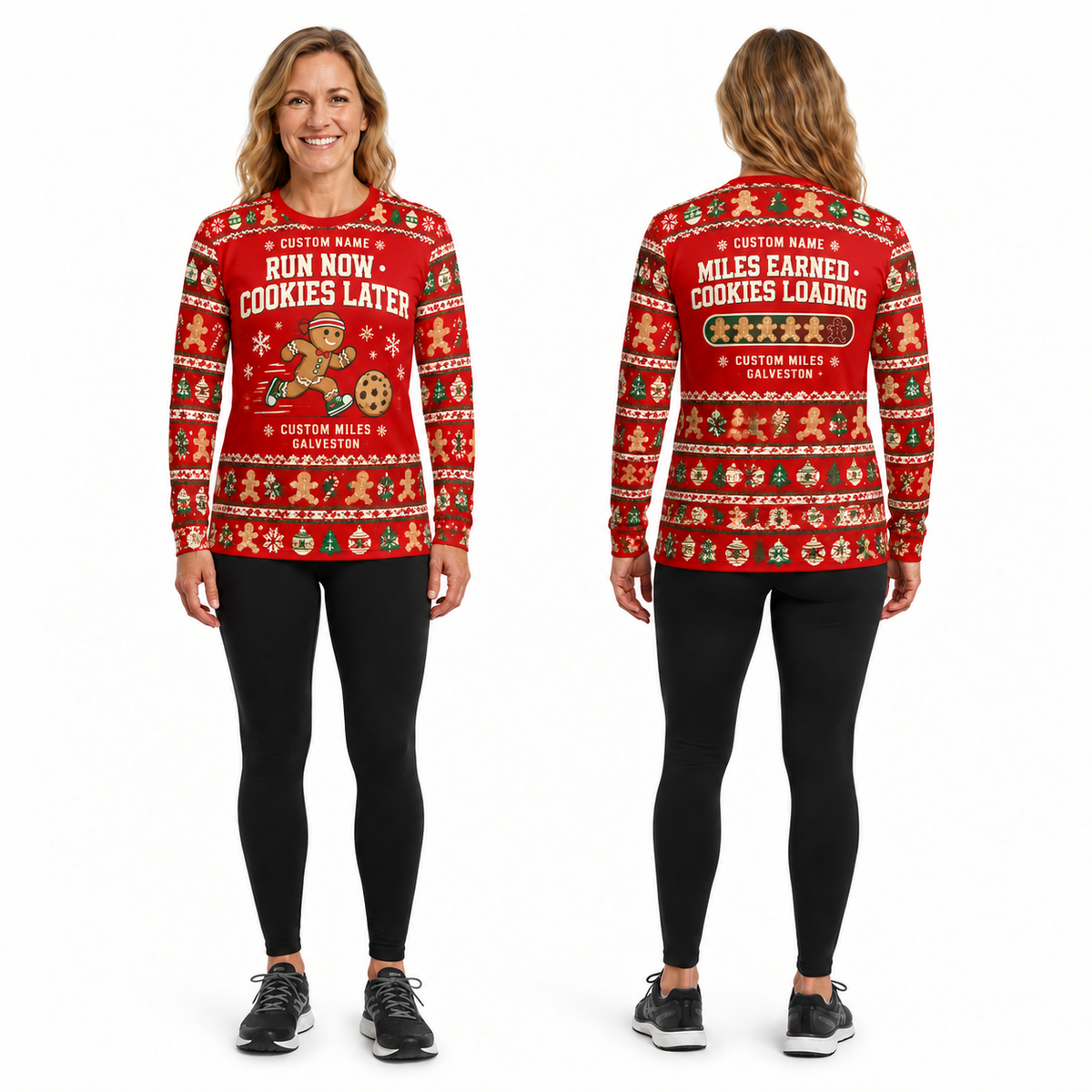Custom Name Miles Run Now, Cookies Later Santa Hustle Galveston Running Long Sleeve Shirt