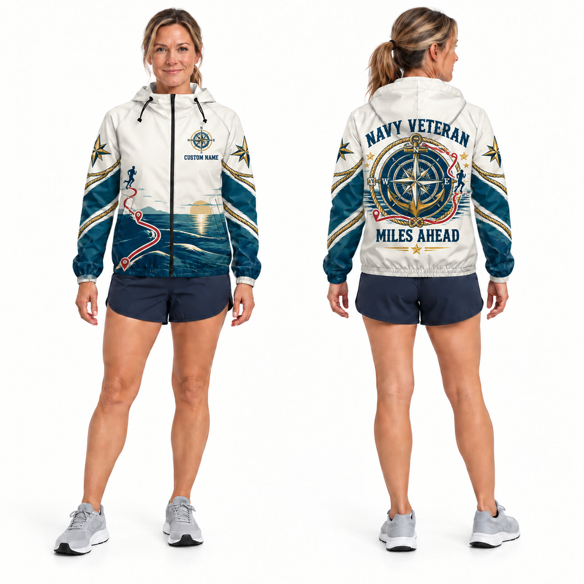 Custom Name Navy Compass Anchor Miles Running Windbreaker Jacket