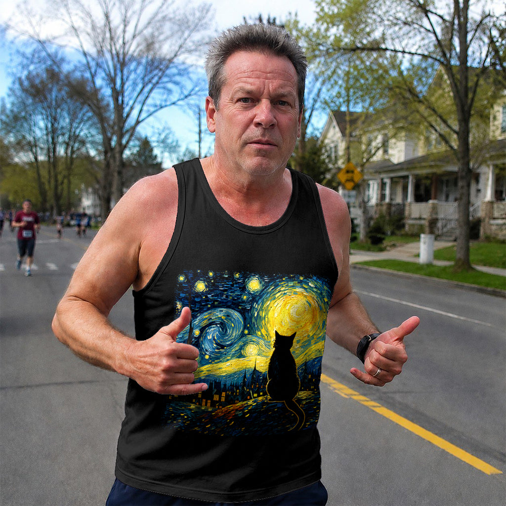 Cat Running Tank Top Starry Night Cat Running Singlet for Men and Women