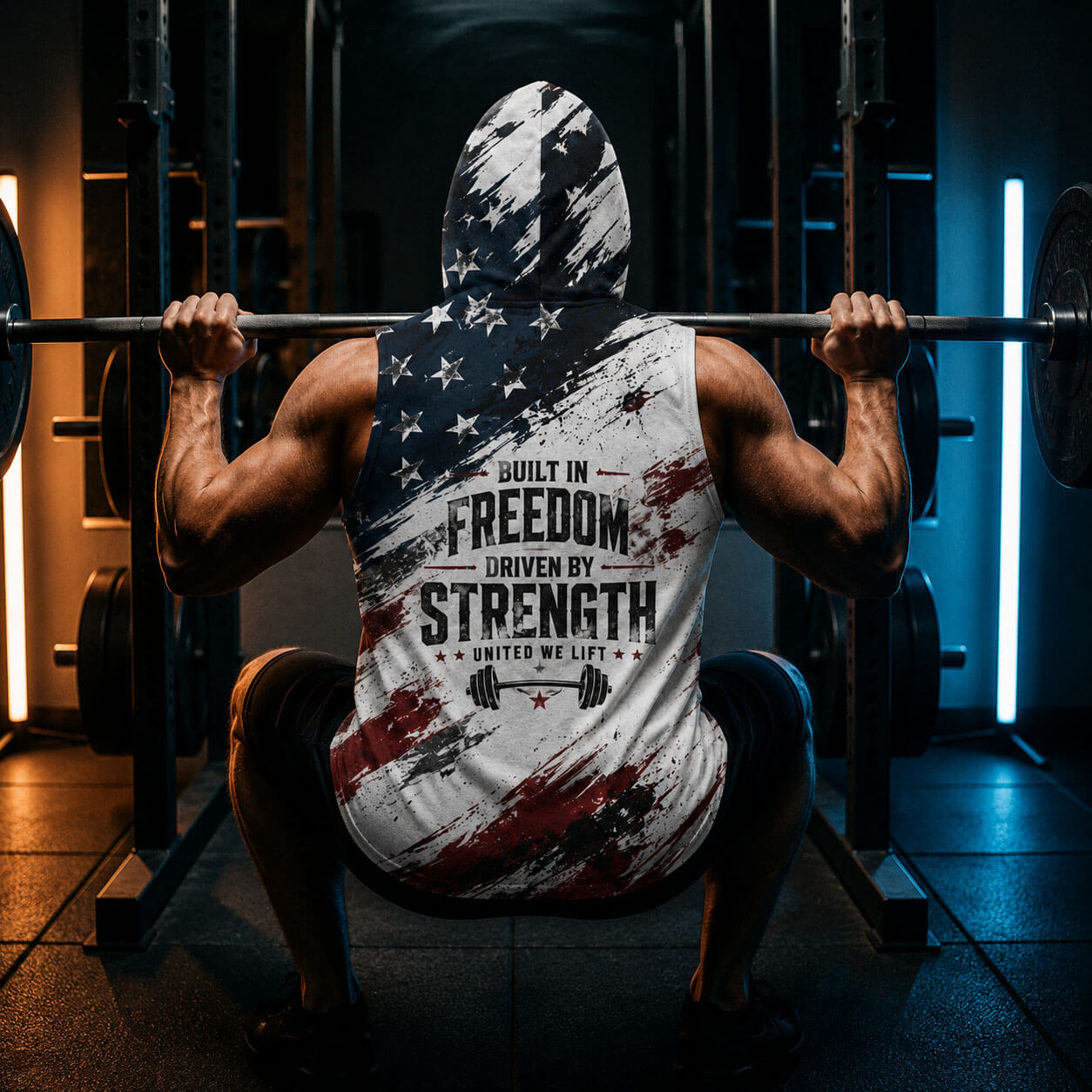 Built In Freedom Driven By Strength Men's Workout Hooded Tank Top