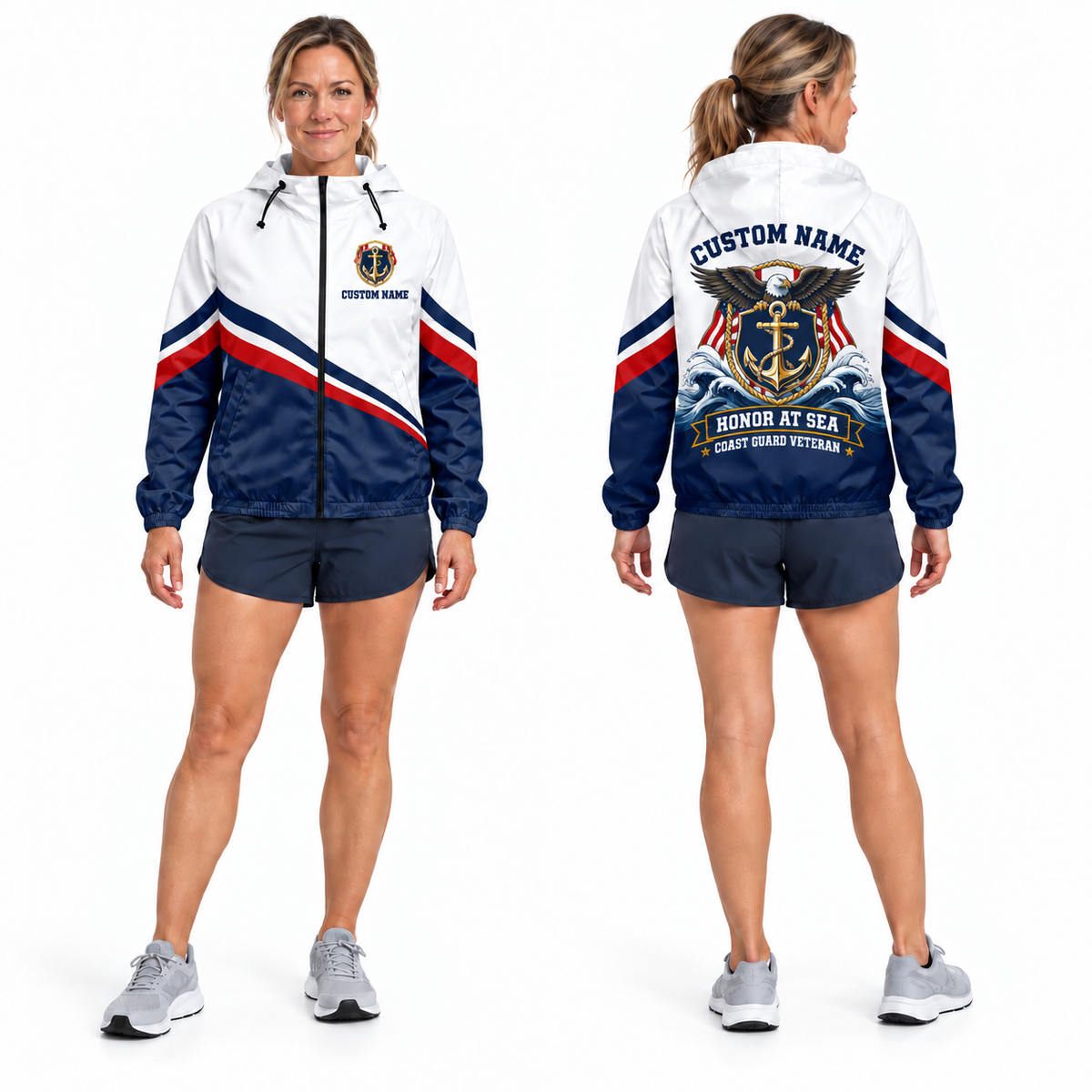 Custom Name Coast Guard Anchor Shield Veteran Running Windbreaker Jacket