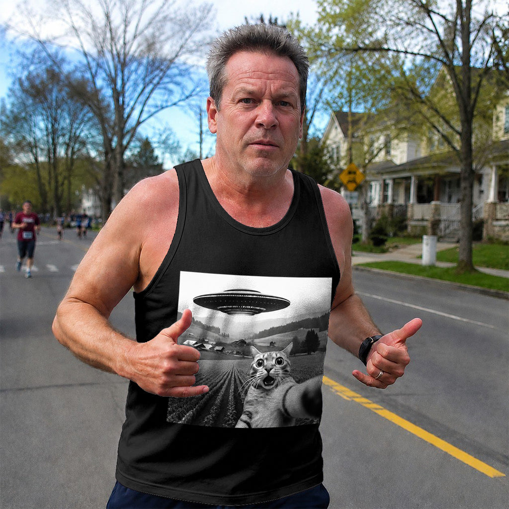 Cat Running Tank Top UFO Funny Cat Running Singlet for Men and Women
