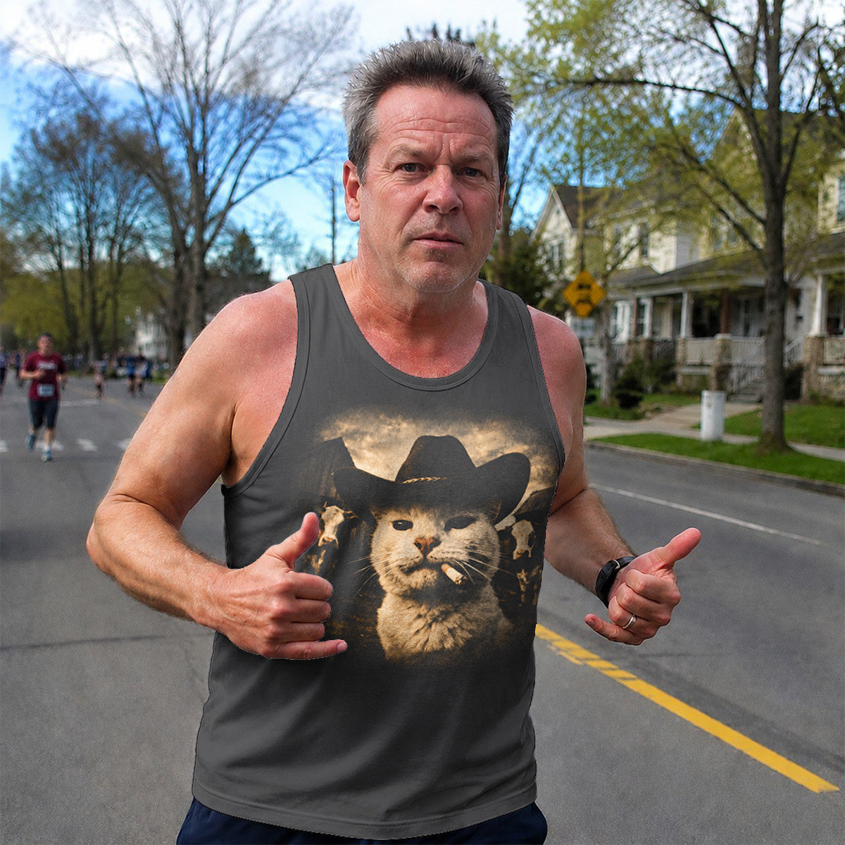 Cat Running Tank Top Funny Cowboy Cat Running Singlet for Men and Women