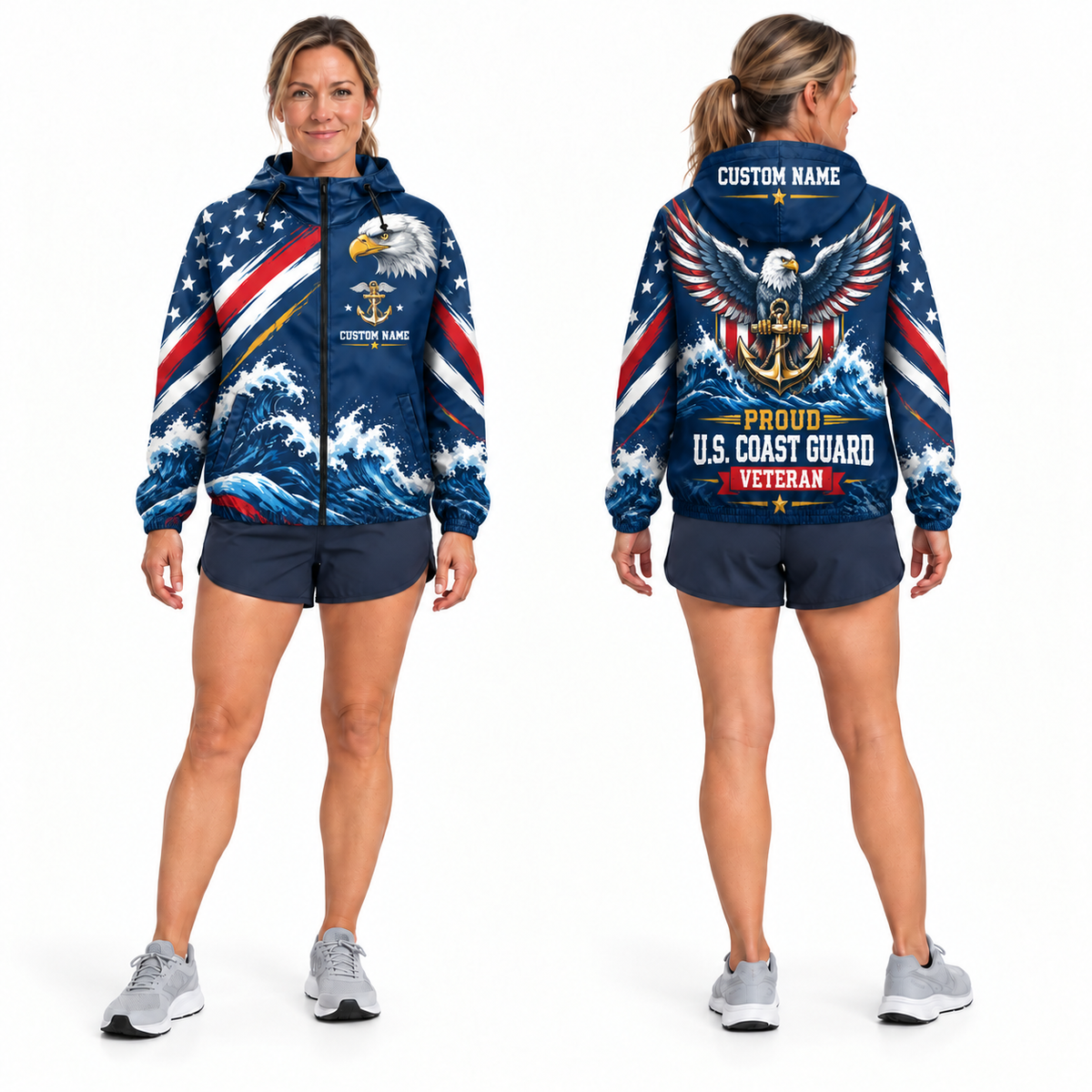 Custom Name Coast Guard Eagle Ocean Veteran Running Windbreaker Jacket