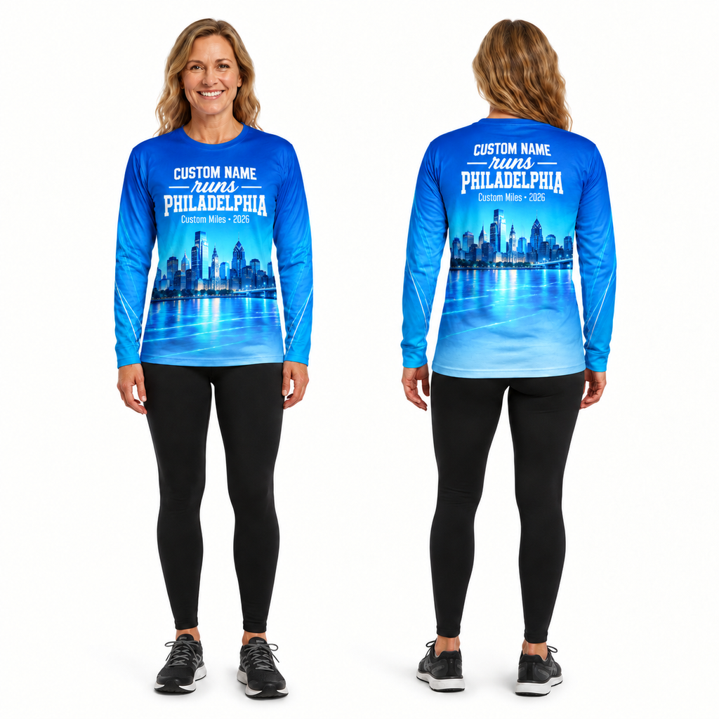 Custom Name Philadelphia Blue Skyline Energy Running Long Sleeve Shirt