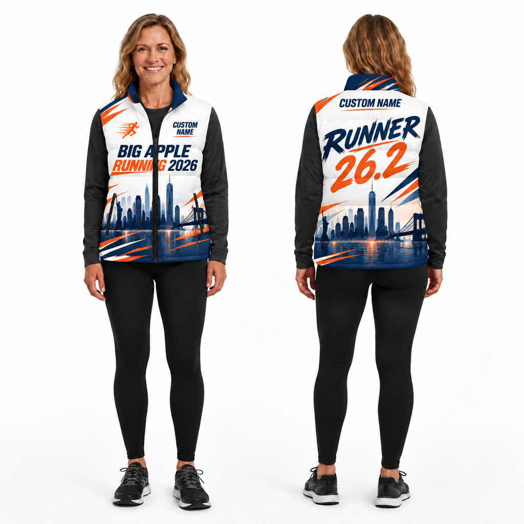 Custom Name Big Apple Race Energy Sleeveless Running Puffer Jacket