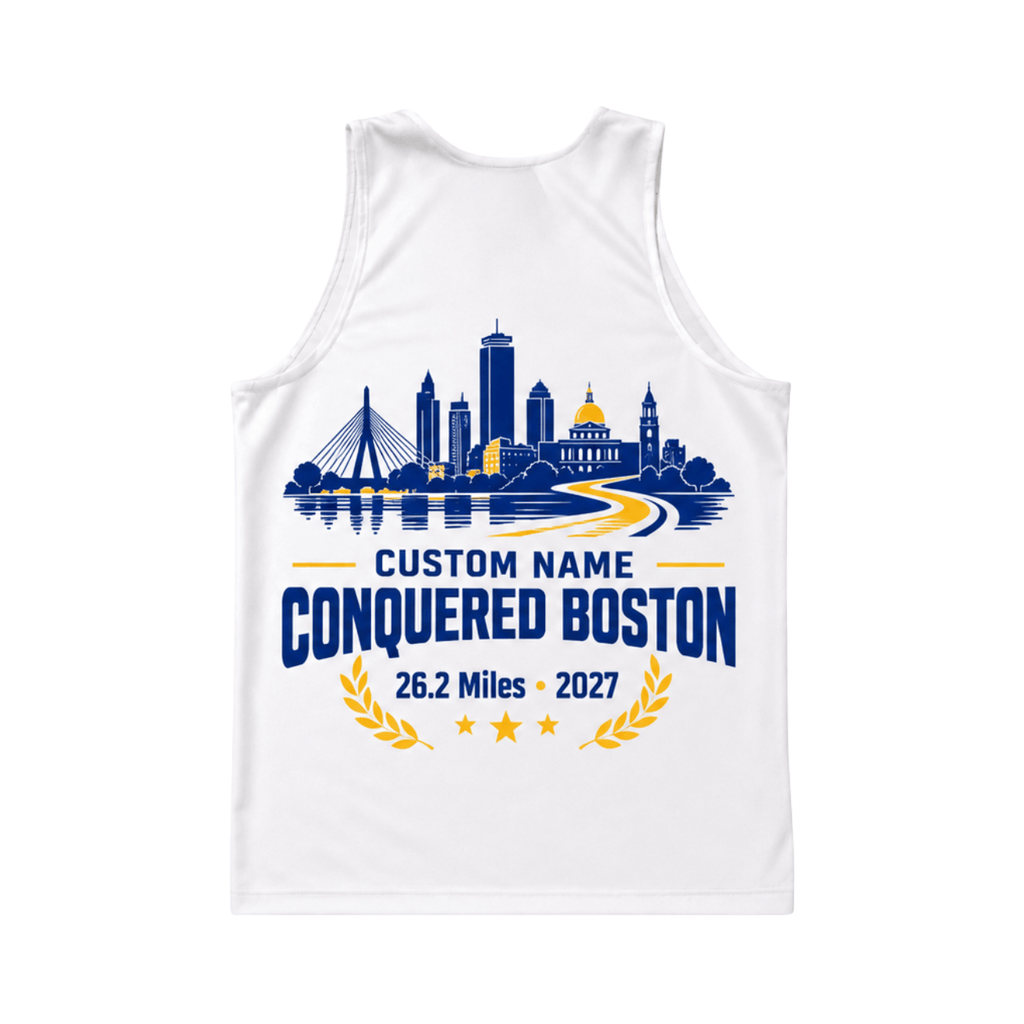 Add Name Conquered Boston 2027 Running Singlet Unisex Marathon Tank Top