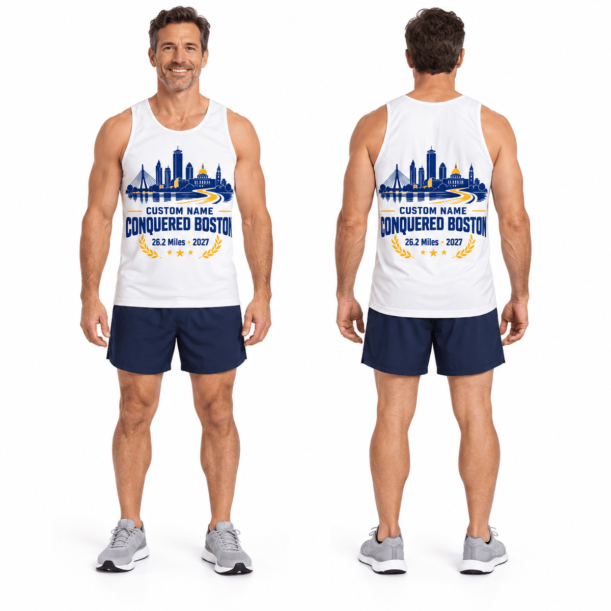 Add Name Conquered Boston 2027 Running Singlet Unisex Marathon Tank Top