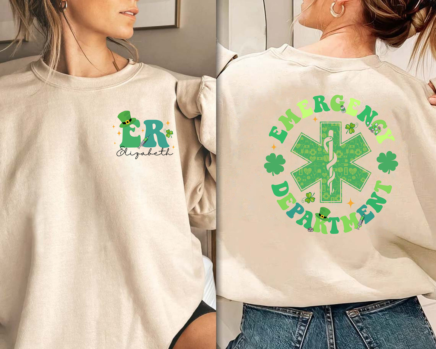 Emergency Department St Patricks Day Sweatshirt - Clover Printed Shamrock Saint Patricks Day sweater nurse lucky