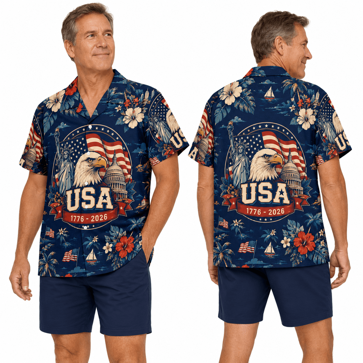 Patriotic Hawaiian Shirt - USA 1776 2026 Flag Aloha Shirt