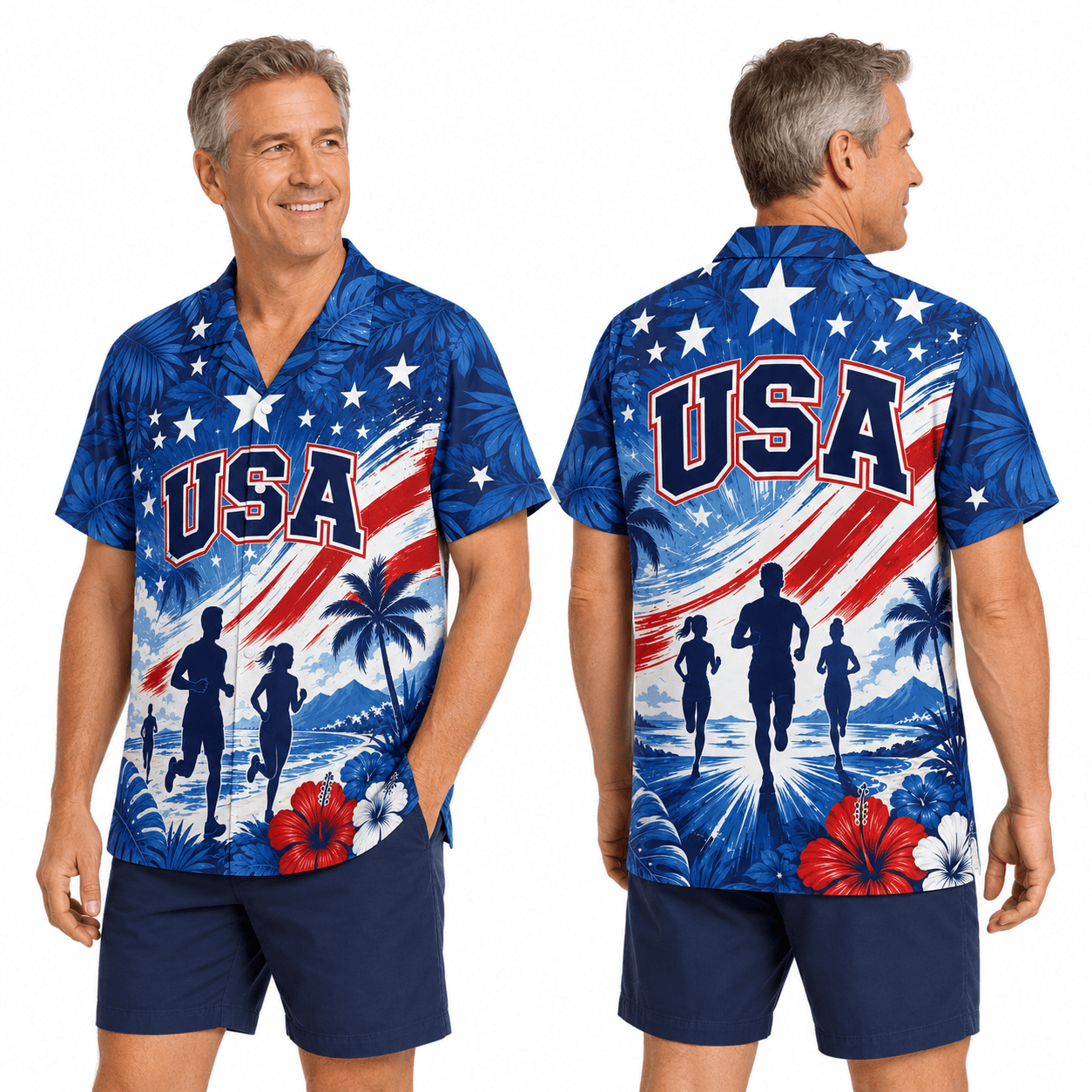 Patriotic Hawaiian Shirt - USA Running Aloha Shirt