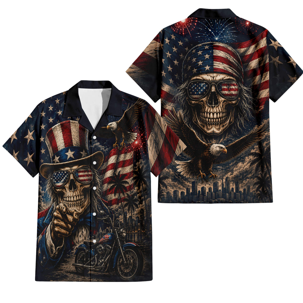 Patriotic Hawaiian Shirt - USA Skull Aloha Shirt