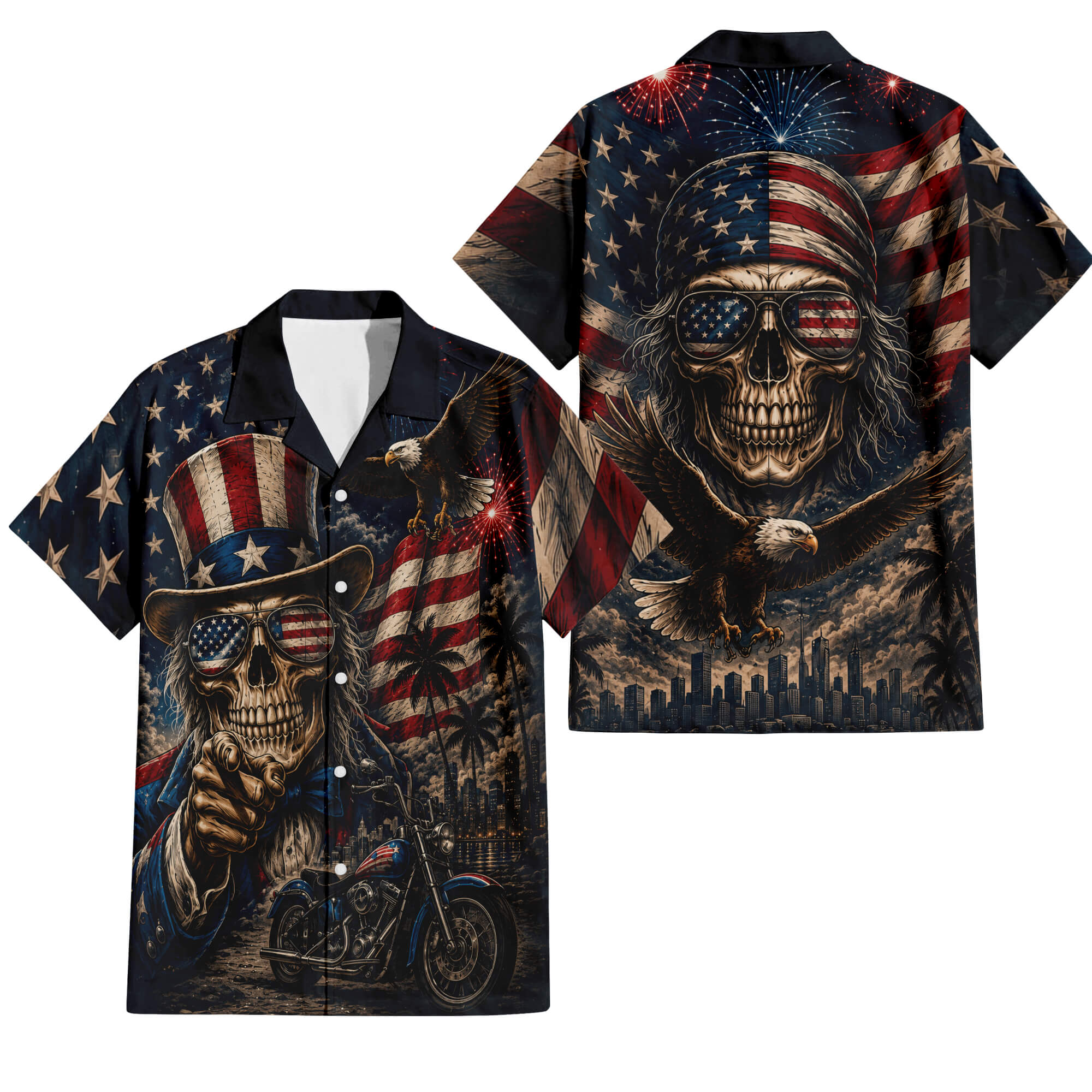Patriotic Hawaiian Shirt - USA Skull Aloha Shirt