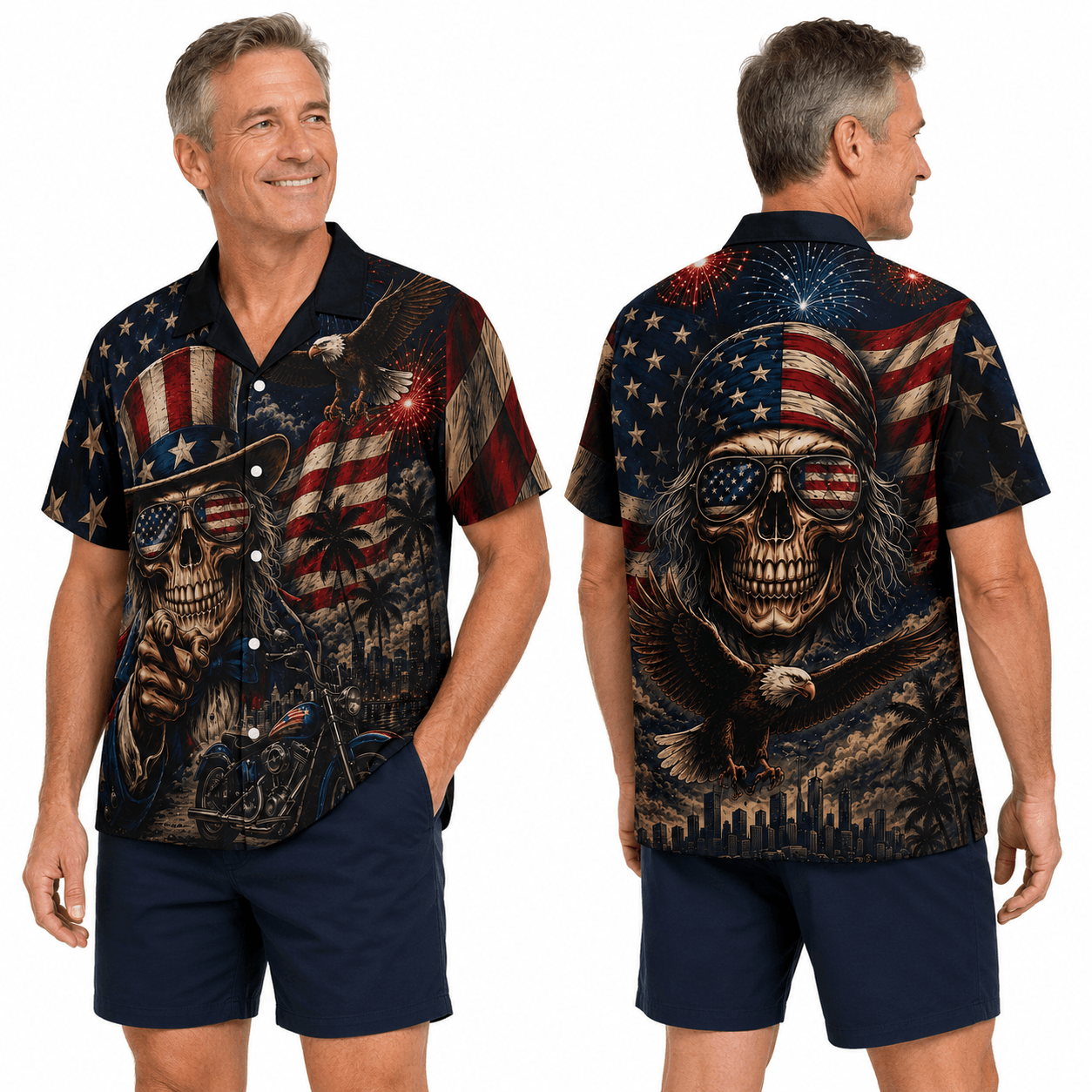 Patriotic Hawaiian Shirt - USA Skull Aloha Shirt