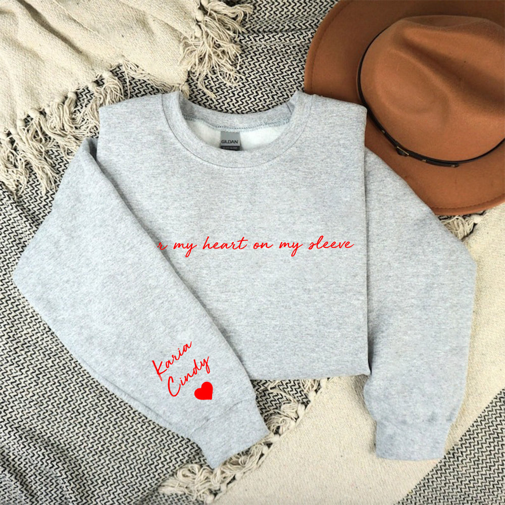 I Wear My Heart On My Sleeve Sweatshirt - Personalized Mom Shirt With Kids Names, Custom Mama Sweatshirt